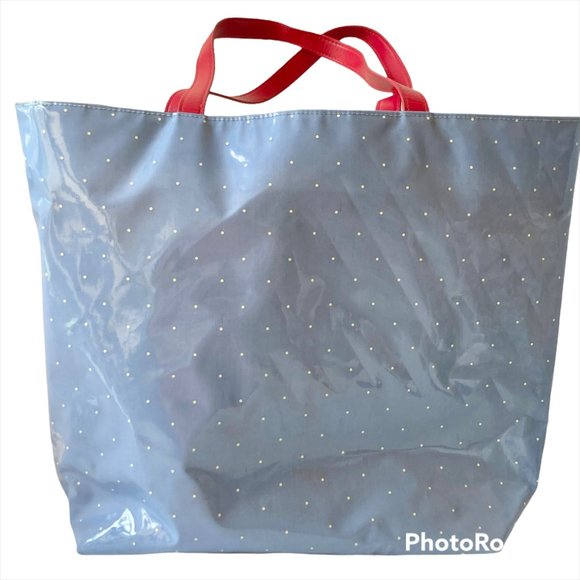 Disney Parks Minnie Mouse Large Vinyl Tote Bag Shopper Purse Blue Polka Dots Red - Picture 2 of 11